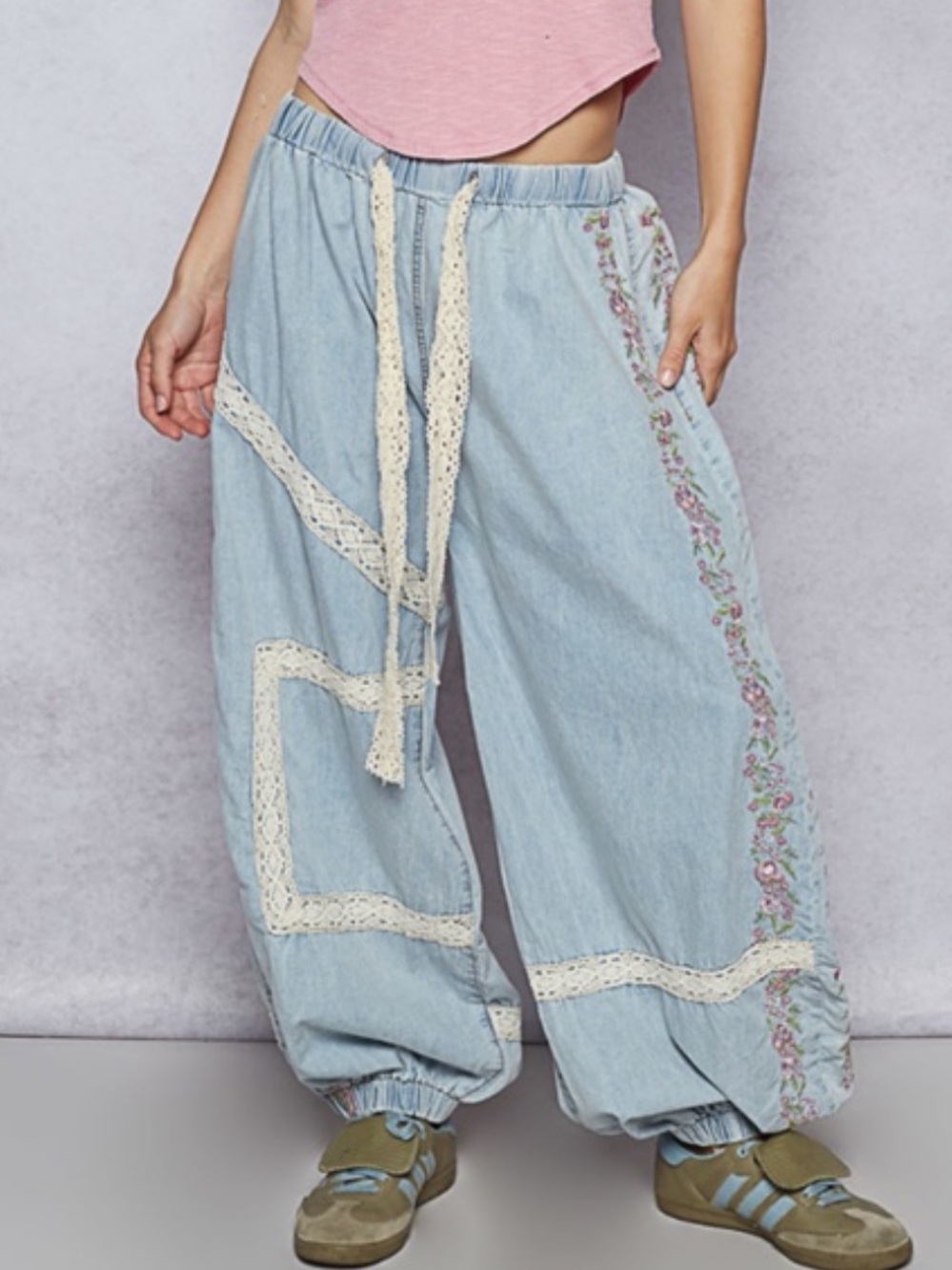 POL Light Blue Denim Jogger Pant with Lace + Floral Detail L